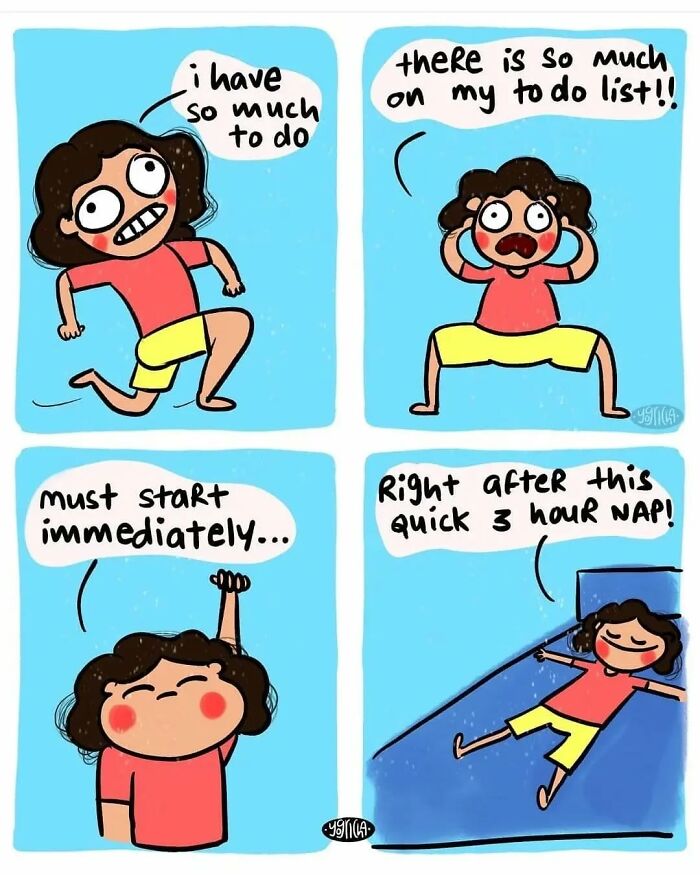 Comic panels showing relatable modern life struggles with a character overwhelmed by tasks and procrastination humor.