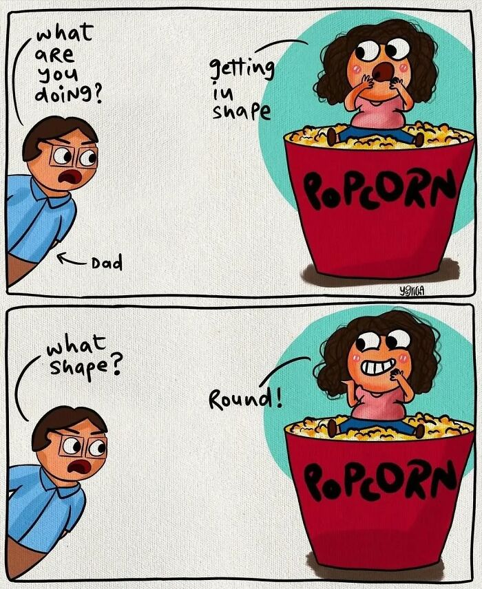 Comic illustrating everyday struggles of modern life with humor showing a character eating popcorn to get in shape.