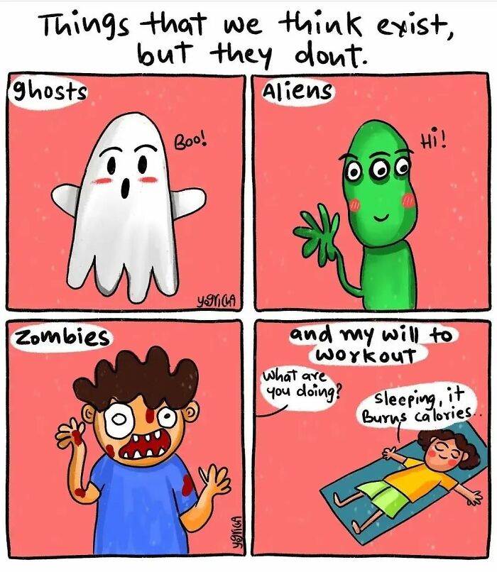 Comic panels showing relatable everyday struggles: ghost, alien, zombie, and lack of will to workout in a modern life comic.