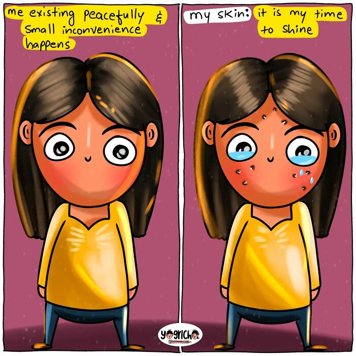 Comic showing relatable everyday struggles with skin issues, capturing modern life challenges in a simple, humorous style.