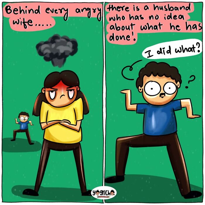 Cartoon comic depicting everyday struggles of modern life with an angry wife and confused husband in a humorous scene.