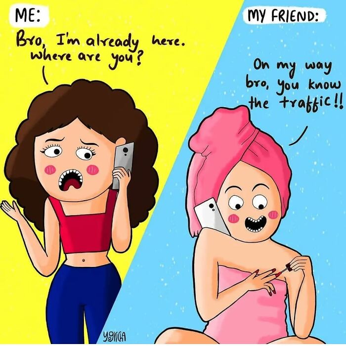 Cartoon illustrating everyday struggles of modern life showing a frustrated woman and a friend stuck in traffic on the phone.