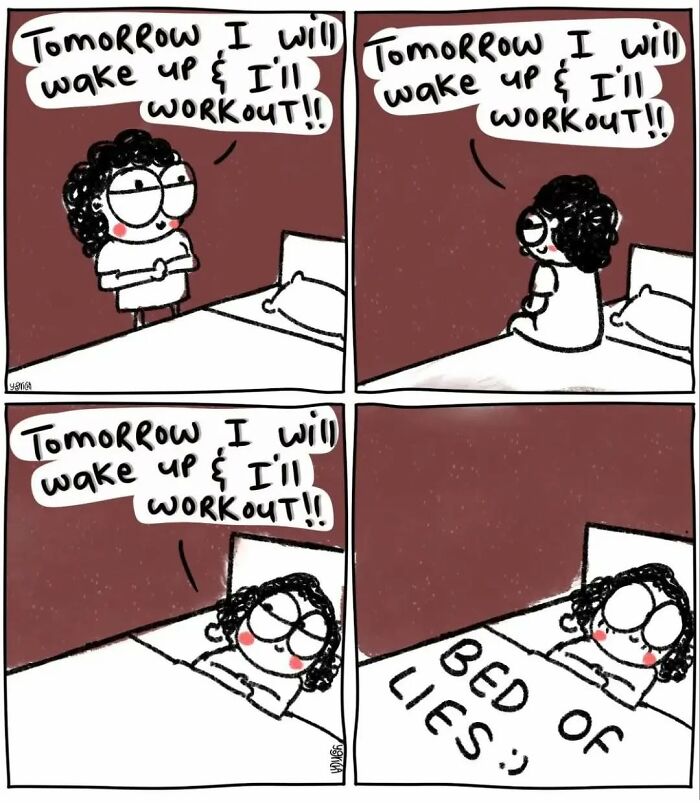 Comic panels illustrating modern life struggles with a character repeatedly promising to work out but staying in bed instead.