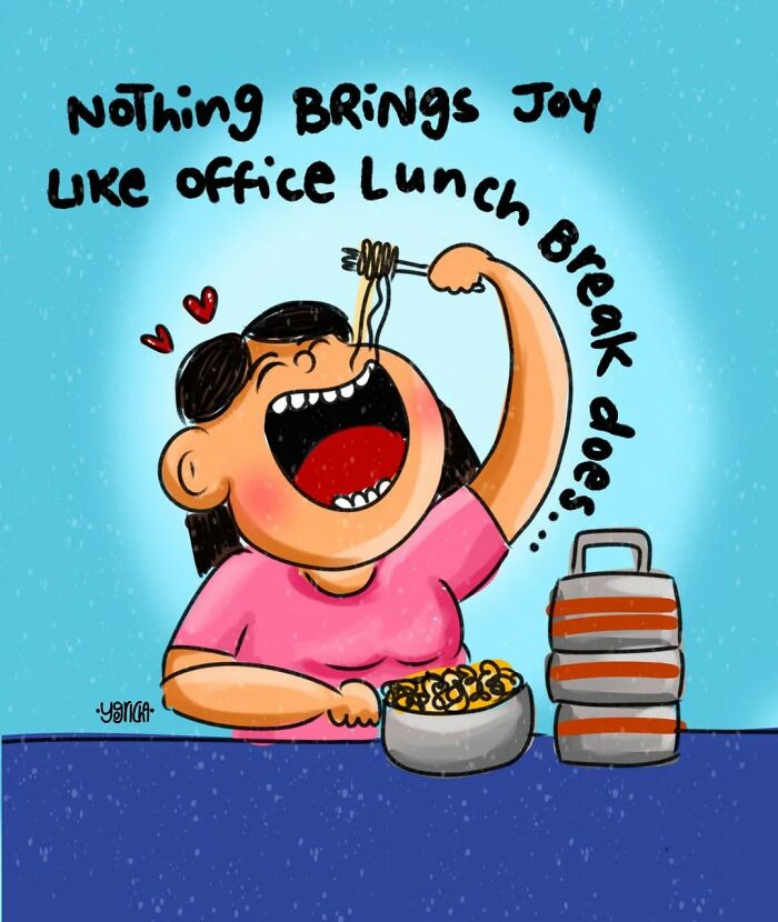Illustration shows relatable modern life struggles with a joyful woman enjoying office lunch in a comic style.