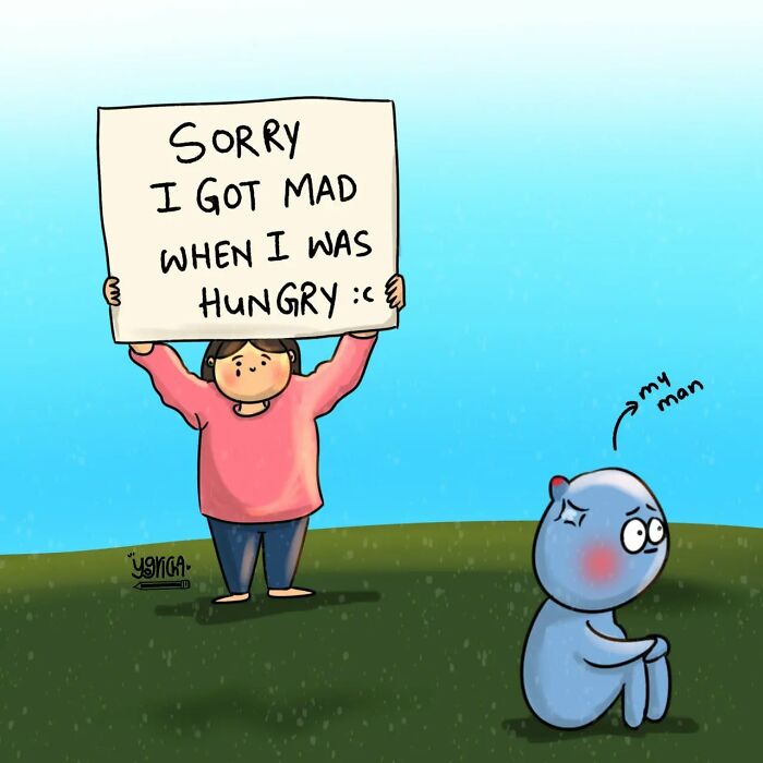 Cartoon depicting everyday struggles of modern life with a person apologizing for getting mad when hungry to a blue character.