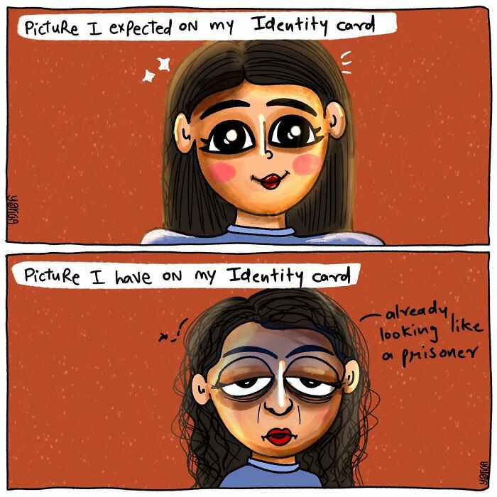Comic illustrating the everyday struggles of modern life with contrasting identity card pictures, one idealized and one tired.
