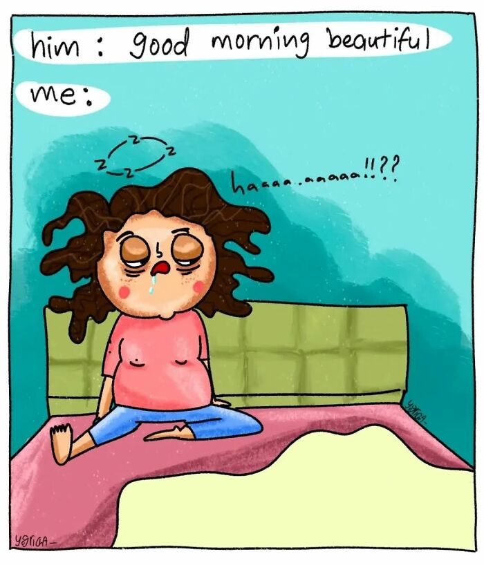 Tired person waking up groggy on bed, illustrating everyday struggles of modern life in a relatable comic style.