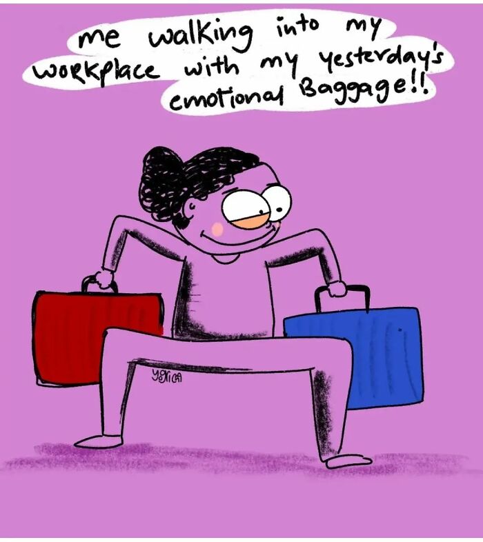 Cartoon of a person carrying two large suitcases symbolizing emotional baggage in relatable comics about modern life struggles.