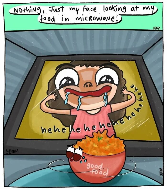 Cartoon showing relatable modern life struggle of waiting for food in microwave with humorous expression.