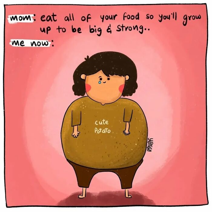 Cartoon depicting everyday struggles of modern life, showing a person as a cute potato with humorous text.