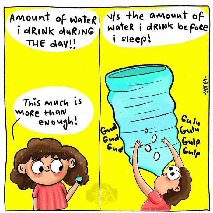 Comic illustrating everyday struggles of modern life with a character humorously drinking water in two different ways.