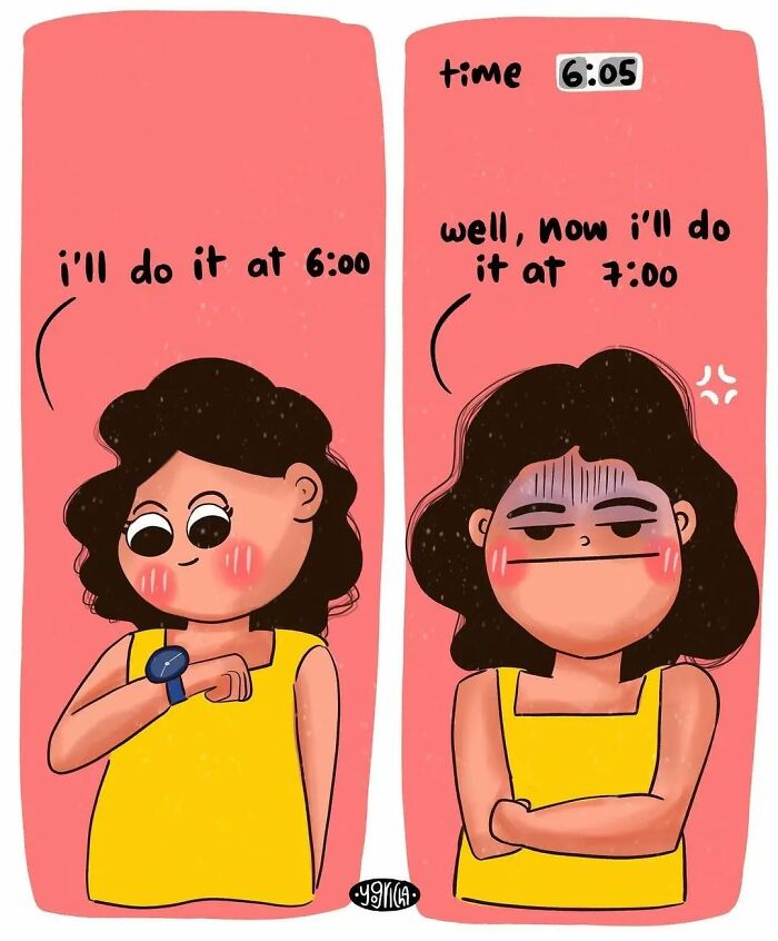 Comic of a woman procrastinating with relatable struggles of modern life humorously depicted in two panels.