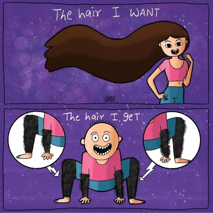 Cartoon comic illustrating the everyday struggles of modern life with humorous hair expectations versus reality.