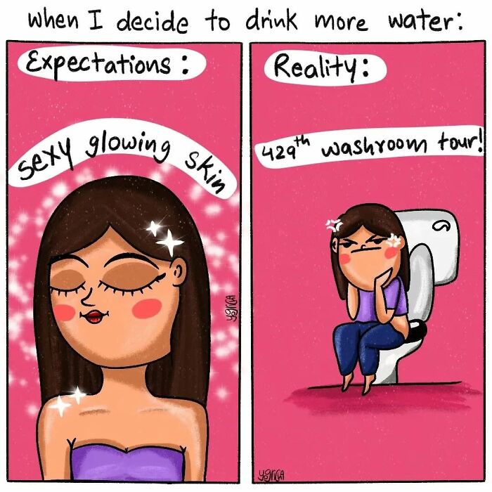 Comic depicting the everyday struggles of modern life: expectation of glowing skin vs reality of frequent washroom visits.