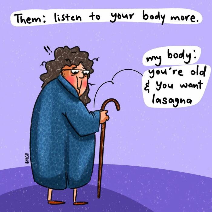 Cartoon illustrating everyday struggles of modern life with a character humorously listening to their body wanting lasagna.