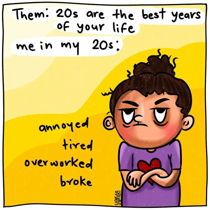 Cartoon showing modern life struggles of a tired, overworked, and broke young adult in relatable comic style.