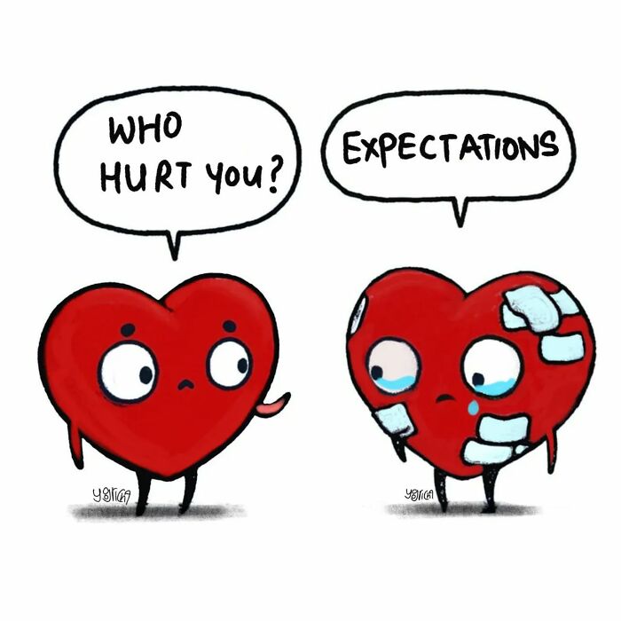 Two cartoon hearts personified in a relatable comic illustrating the everyday struggles of modern life with emotions and expectations.