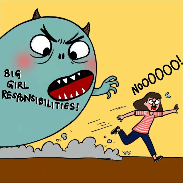 Cartoon showing everyday struggles of modern life with a girl running from a monster labeled big girl responsibilities.