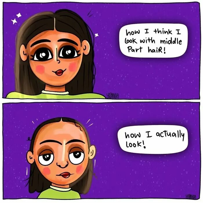 Comic illustrating everyday struggles of modern life showing idealized versus actual appearance with middle part hair.
