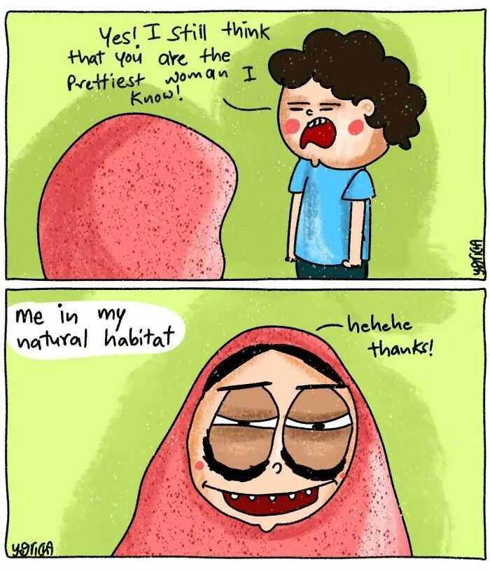 Comic panels showing the everyday struggles of modern life with a character humorously wrapped in a blanket in their natural habitat.