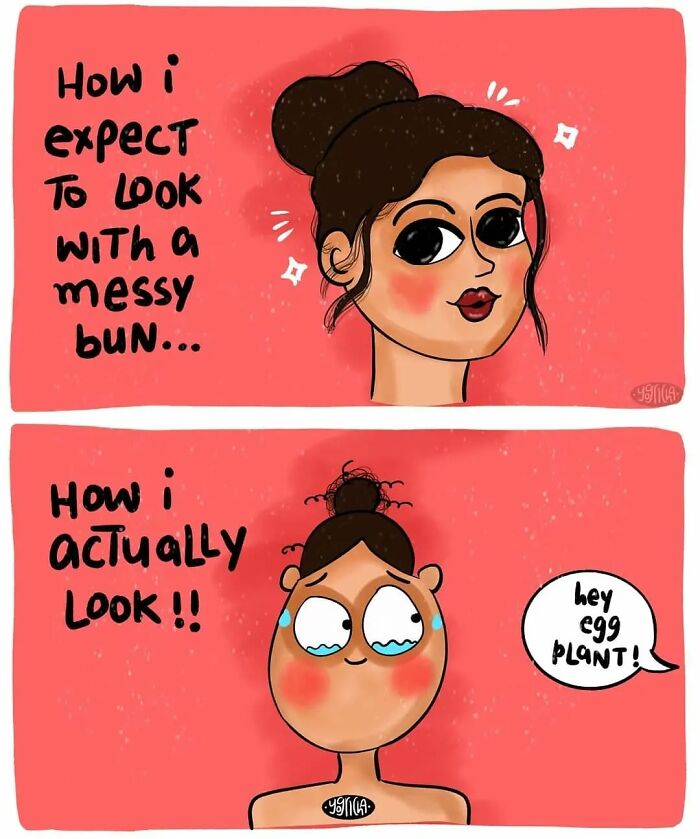 Illustration showing relatable comics about everyday struggles with expectations versus reality of a messy bun hairstyle.
