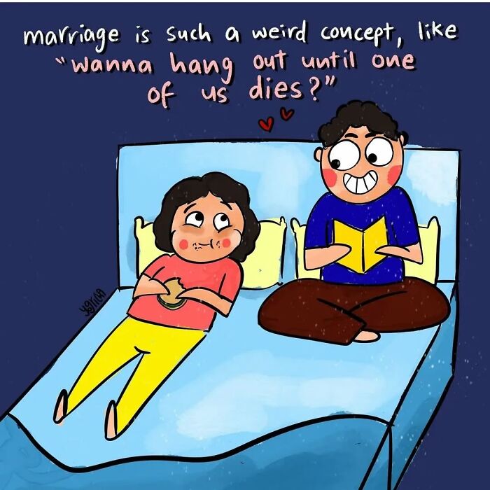 Cartoon couple on bed illustrating everyday struggles of modern life with relatable comic about marriage and relationships.