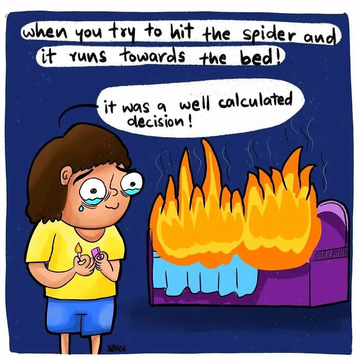 Cartoon of modern life struggles showing a person crying next to a burning bed after trying to hit a spider.