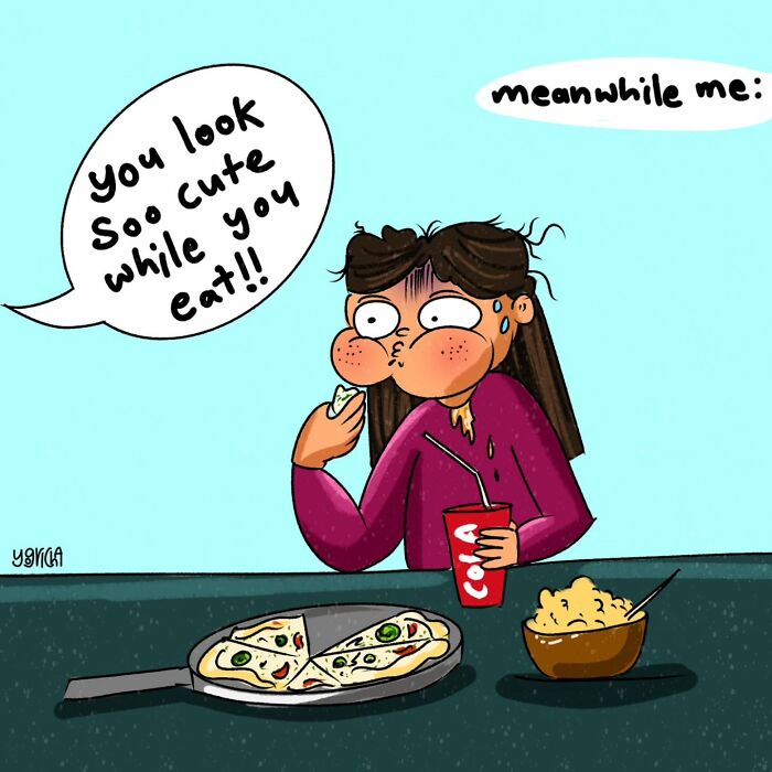 Cartoon of woman struggling while eating, illustrating relatable everyday struggles of modern life in a comic style.