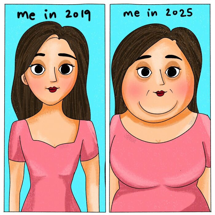 Cartoon showing changes from 2019 to 2025, illustrating everyday struggles of modern life in a relatable comic style.