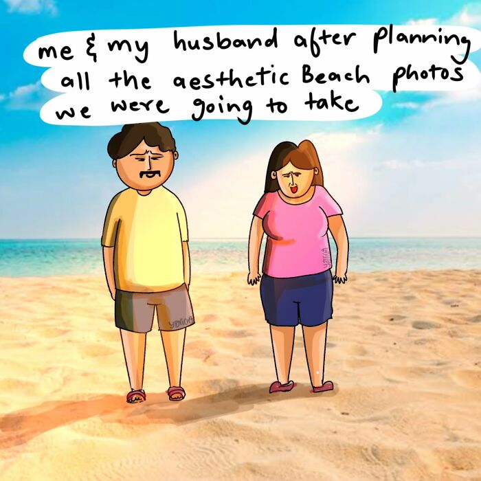 Cartoon of couple on beach showing relatable comics about the everyday struggles of modern life and humor.