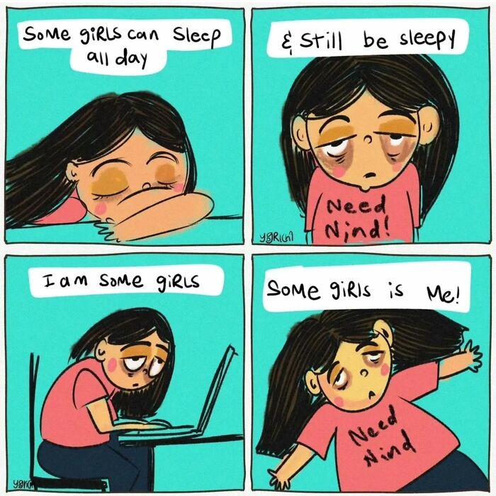 Comic strip illustrating everyday struggles of modern life with a tired girl feeling sleepy and unmotivated at her laptop.