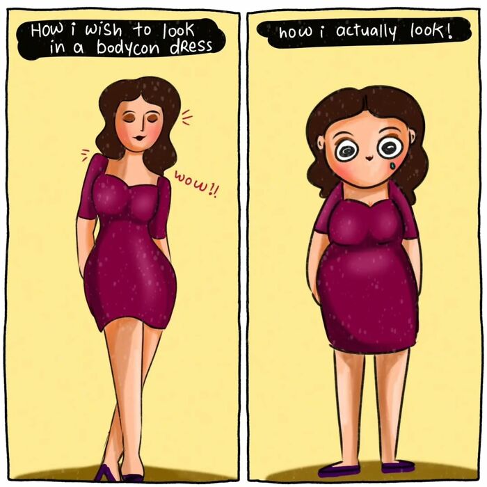 Cartoon showing the everyday struggles of modern life with a woman’s body image expectations versus reality in a purple dress.