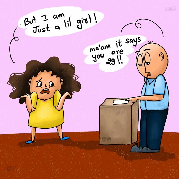 Cartoon showing relatable modern life struggle of age confusion between a young woman and an official at a desk.