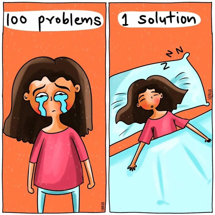 Comic depicting everyday struggles of modern life with a crying woman facing problems and sleeping as a solution.