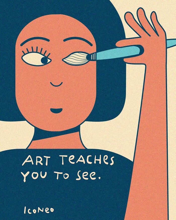 Artist creates candid illustration of a person painting their eye with a brush, reflecting on society through art.