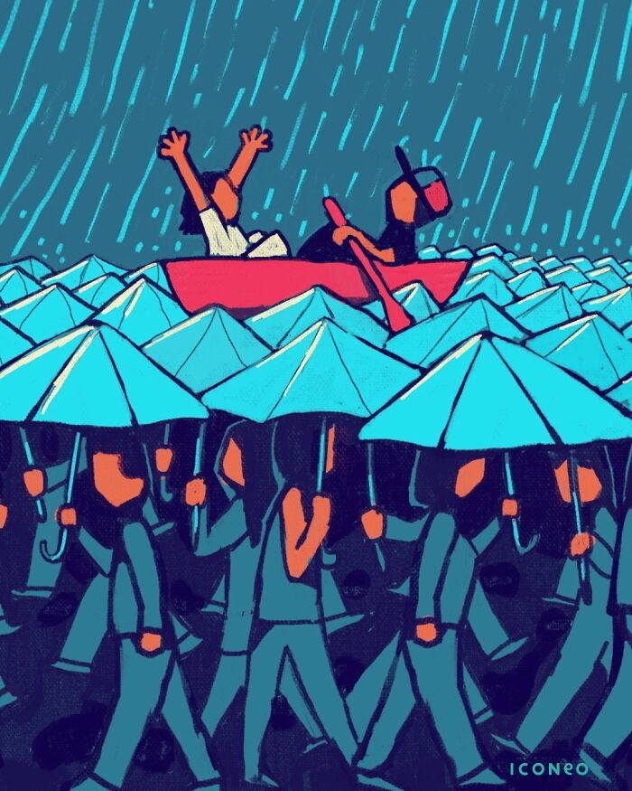 Candid illustration showing two people in a boat above a crowd with umbrellas, reflecting on society.