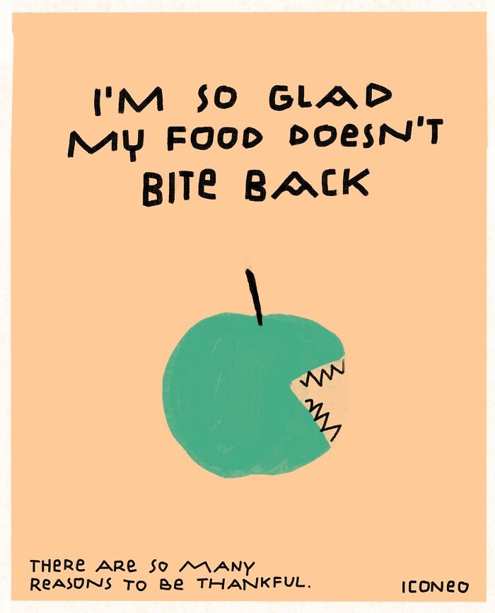 Candid illustration of a green apple with sharp teeth reflecting on society and gratitude in a simple artistic style.