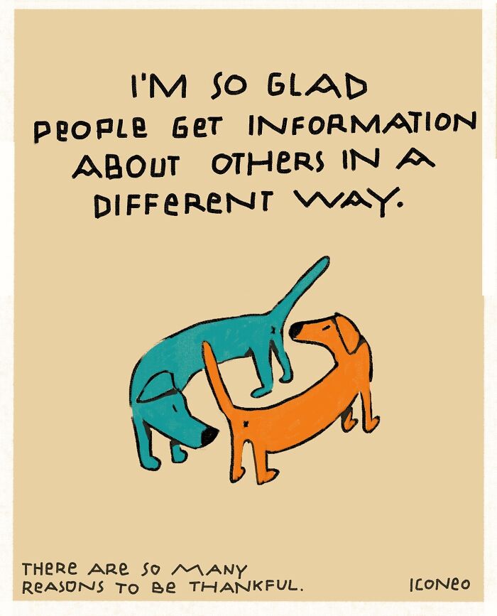 Candid illustration depicting dogs sniffing each other, reflecting on society and how people get information differently.