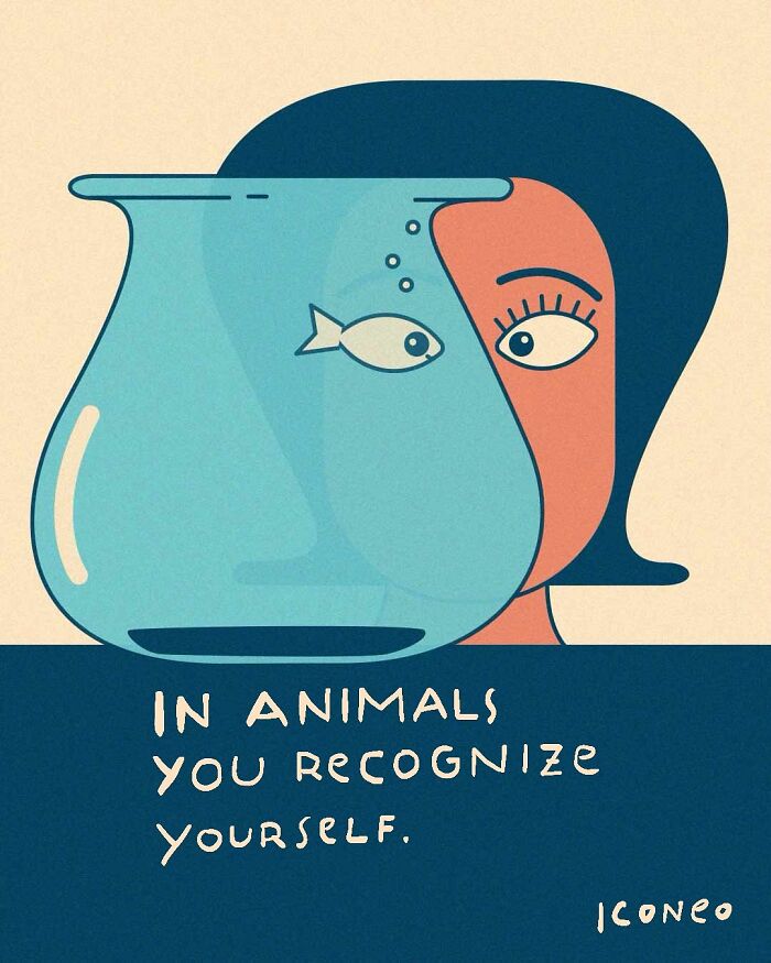 Illustration showing a person looking through a fishbowl with a fish, reflecting on society and self-recognition.