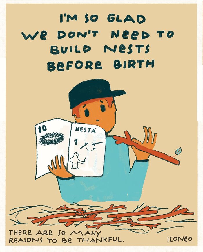 Candid illustration showing a person assembling nests with twigs, reflecting on society and reasons to be thankful.