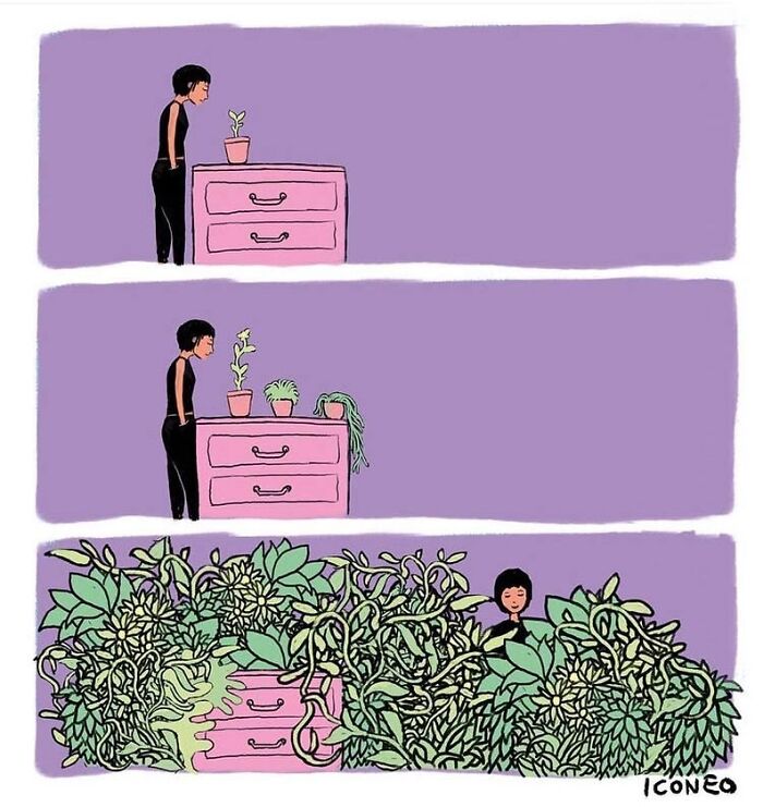 Candid illustration of a person watching a growing plant turn into a lush, overwhelming jungle reflecting society themes.