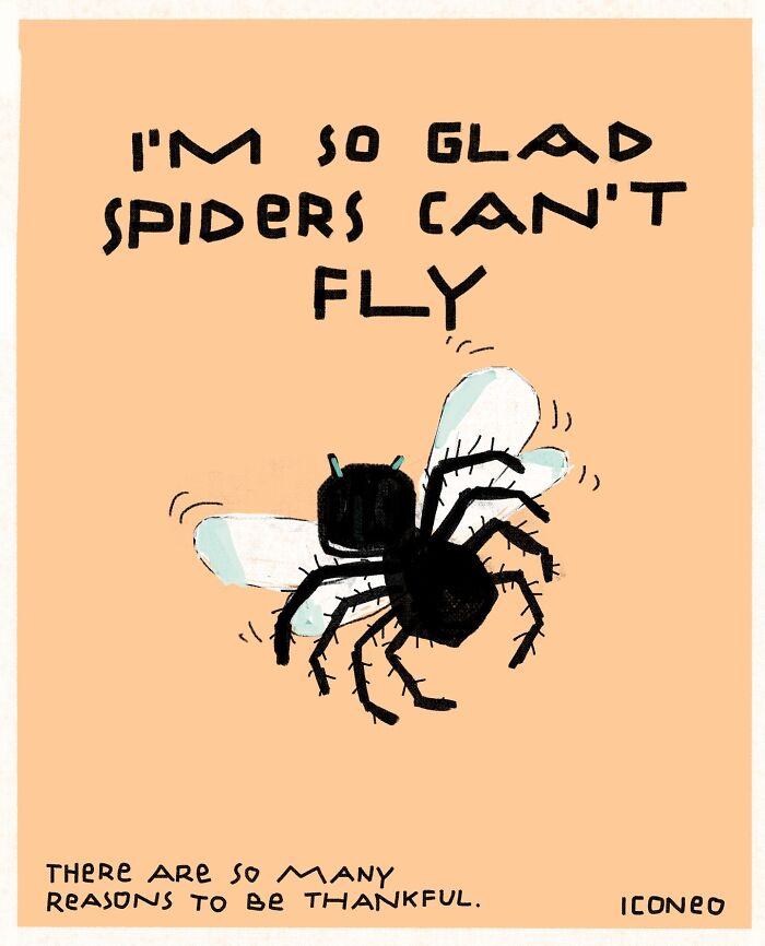 Candid illustration showing a spider with wings and text reflecting on society and reasons to be thankful.
