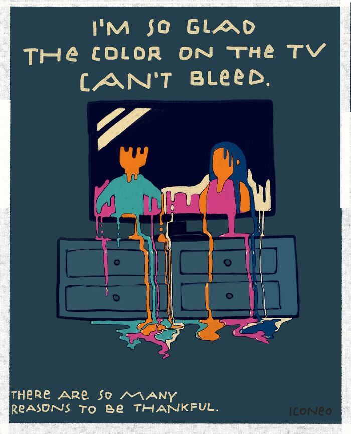 Candid illustration showing melting colorful figures reflecting on society with text about color on TV not bleeding.