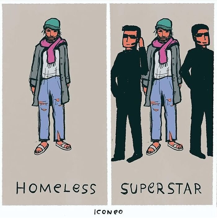 Candid illustration showing a homeless person alone versus surrounded by bodyguards labeled superstar, reflecting society.