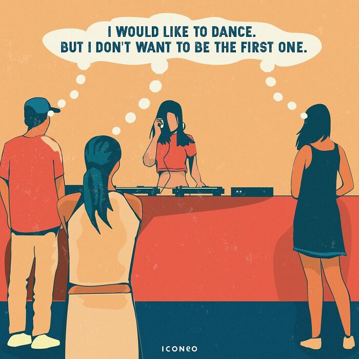 Candid illustration showing people hesitant to dance, reflecting on social anxiety and societal behavior by an artist.