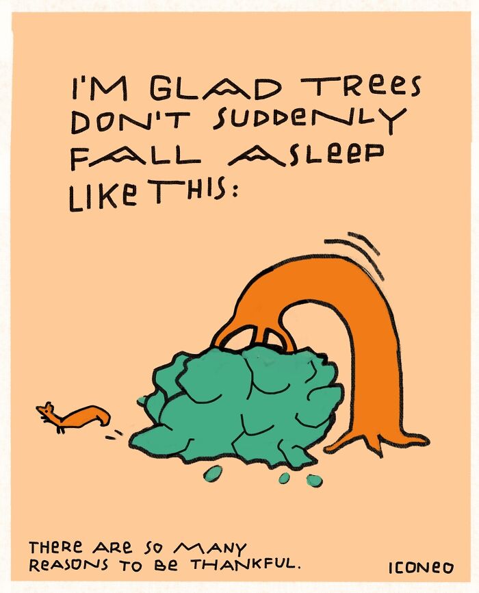 Candid illustration showing a bent tree with leaves covering it and a squirrel nearby, reflecting on society.