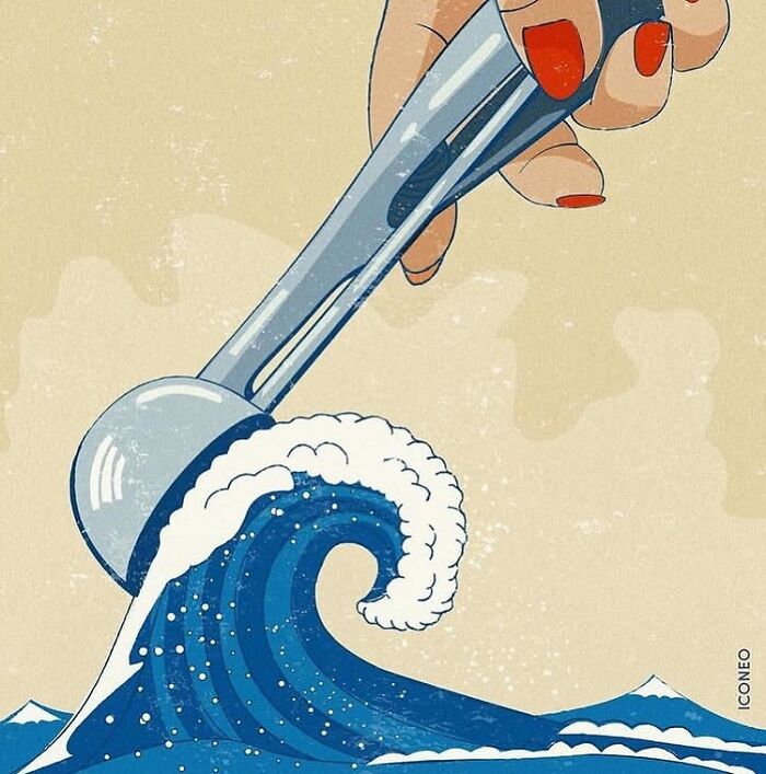 Hand with red nail polish using an ice cream scoop to shape a wave, candid illustration reflecting society.