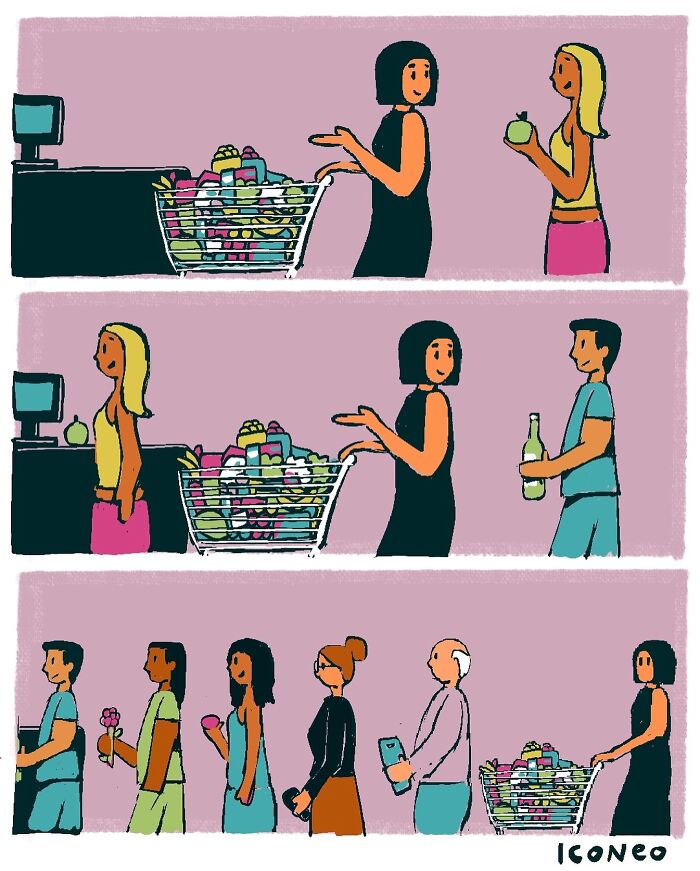 Candid illustrations reflecting society through diverse characters and everyday interactions at a grocery store checkout.