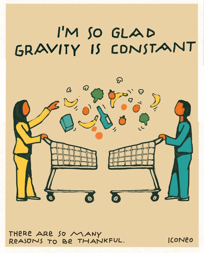 Candid illustration showing two people with shopping carts and floating groceries, reflecting on society and gratitude.