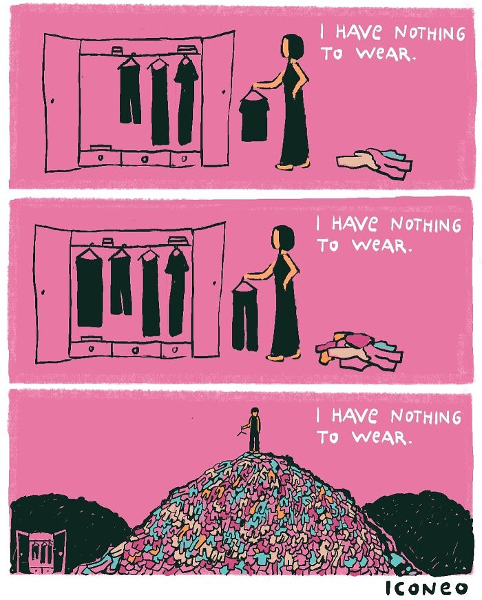 Candid illustration showing a woman with many clothes but still saying I have nothing to wear, reflecting society.